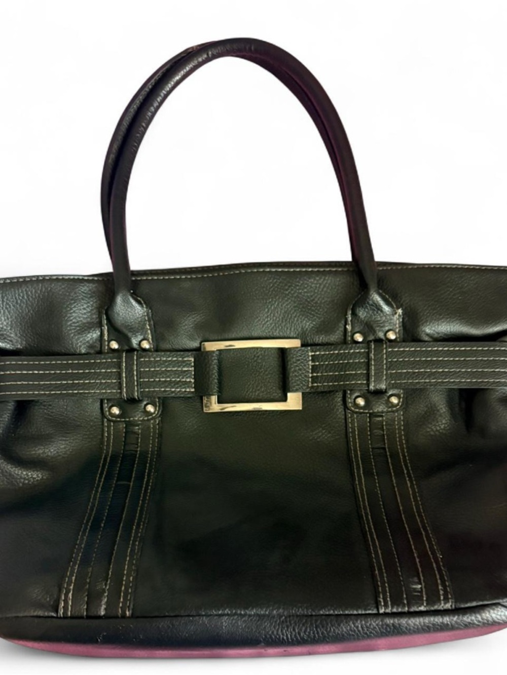 Black Leather Tote Bag with Silver Tone Buckle